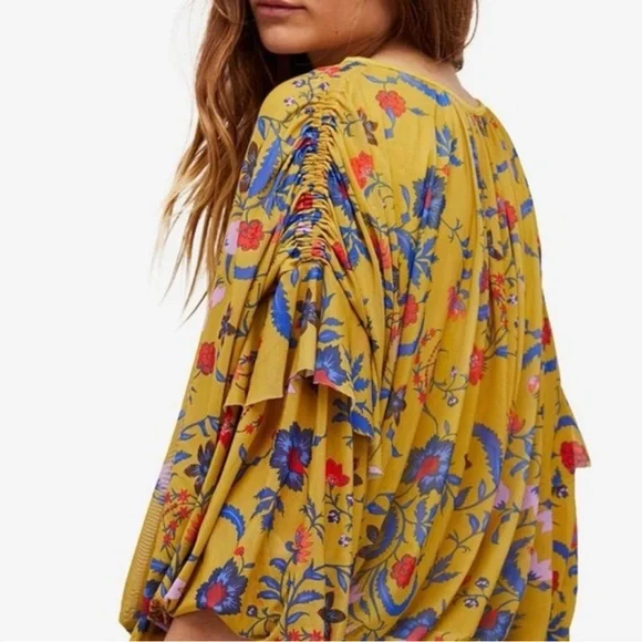 Free People Wildflower Honey Blouse Floral Mustard Boho Size Large - Picture 4 of 13